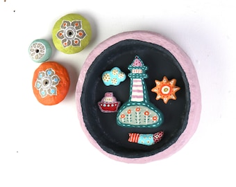 Colorful Handmade Wall Decoration – Whimsical Lighthouse and Ocean Scenery in Organic Shaped Frame