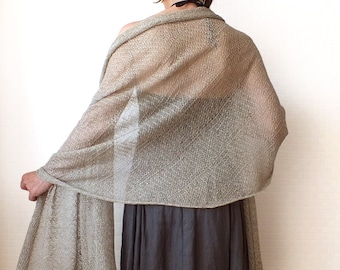 Natural Linen Shawl Wrap For Light Shoulder Cover-Up - Pure Linen Patterned Knit Large Scarf - Beige, Warm Gray