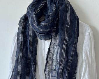 Midnight Blue Linen Scarf: Striped Gauzy Summer Linen Shawl