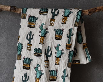 Serviette de cuisine Cactus - Serviette de vaisselle en mélange de lin imprimé Cactus Succulent - Décor de plantes vertes de ferme