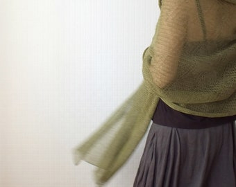 Knitted Linen Shawl - Long and Wide Summer Wrap - Oversized Women Scarf  - Olive Green