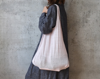 Reusable Knitted Linen Shoulder Bag - Simple Minimalist Knitted Vegan Market Bag - Soft Blush Pink