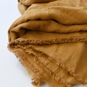 Linen Throw Blanket With Fringe Around - Couch Cover Blanket, Sofa Throw - Amber Ochre