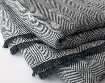 Soft Linen Chevron Bed Blanket - Scandinavian Nordic Style Herringbone Linen Throw - Bluish Gray Off White