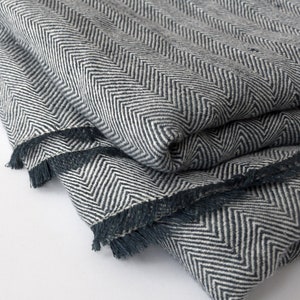 Soft Linen Chevron Bed Blanket Scandinavian Nordic Style Herringbone Linen Throw Bluish Gray Off White image 1