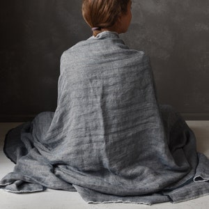 Soft Linen Chevron Bed Blanket Scandinavian Nordic Style Herringbone Linen Throw Bluish Gray Off White image 2