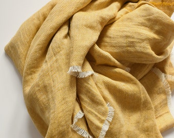 Soft Linen Throw Blanket - Yellow Mustard, Herringbone Pattern Bedspread with fringe