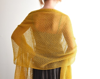 Habillage de châle en lin de dentelle tricotée tricotée - Écharpe en tricot longue et large - Housse d’épaule légère vers le haut, foulard femme jaune moutarde