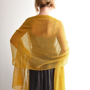 Knitted Lace Linen Shawl Wrap Long and Wide Knit Scarf Lightweight Shoulder Cover Up, Women Scarf Mustard Yellow image 1