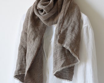 Natural Linen Scarf - Pure Linen Shawl in Herringbone Pattern - Linen Gift, Unisex Scarf, Dusty Brown