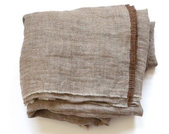 Soft Linen Throw Blanket in Herringbone Pattern - Scandinavian Style Sofa Throw in Muted Brown