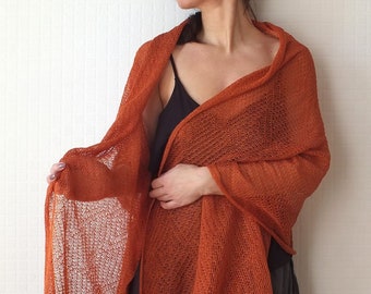 Knitted lace linen wrap - Linen shawl - Terracotta