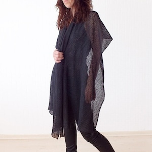 Black Knitted Linen Shawl: Long Lace Scarf Wrap