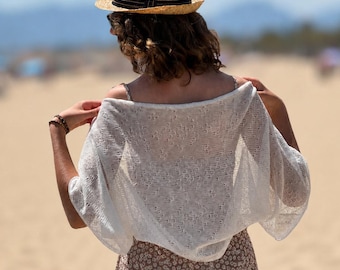 Bolero in lino bianco, coprispalle trasparente per matrimoni estivi