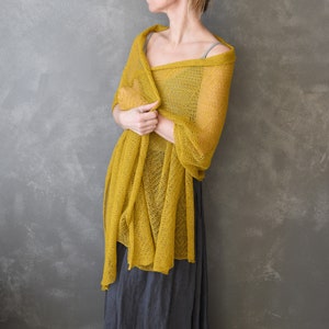 Knitted Lace Linen Shawl Wrap Long and Wide Knit Scarf Lightweight Shoulder Cover Up, Women Scarf Mustard Yellow image 3