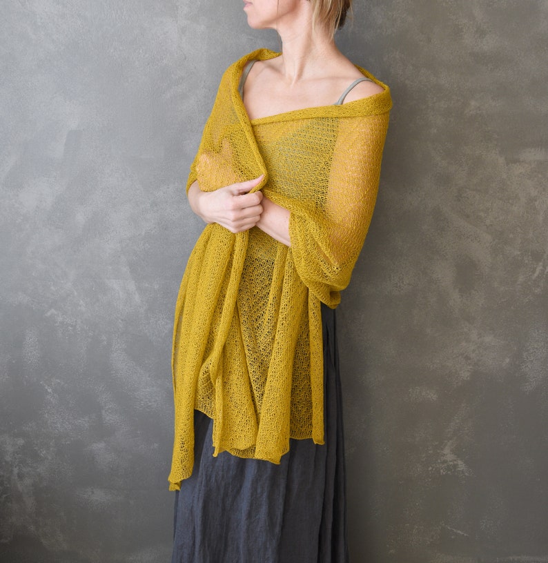 Knitted Lace Linen Shawl Wrap Long and Wide Knit Scarf Lightweight Shoulder Cover Up, Women Scarf Mustard Yellow image 3