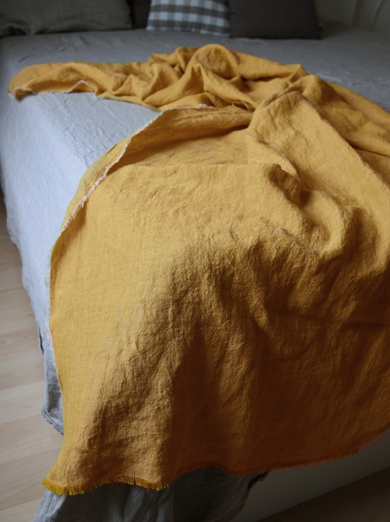 linen throw blanket in mustard yellow color