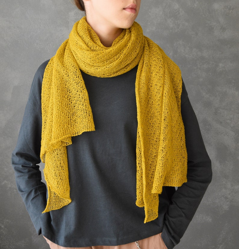 Knitted Lace Linen Shawl Wrap Long and Wide Knit Scarf Lightweight Shoulder Cover Up, Women Scarf Mustard Yellow image 5