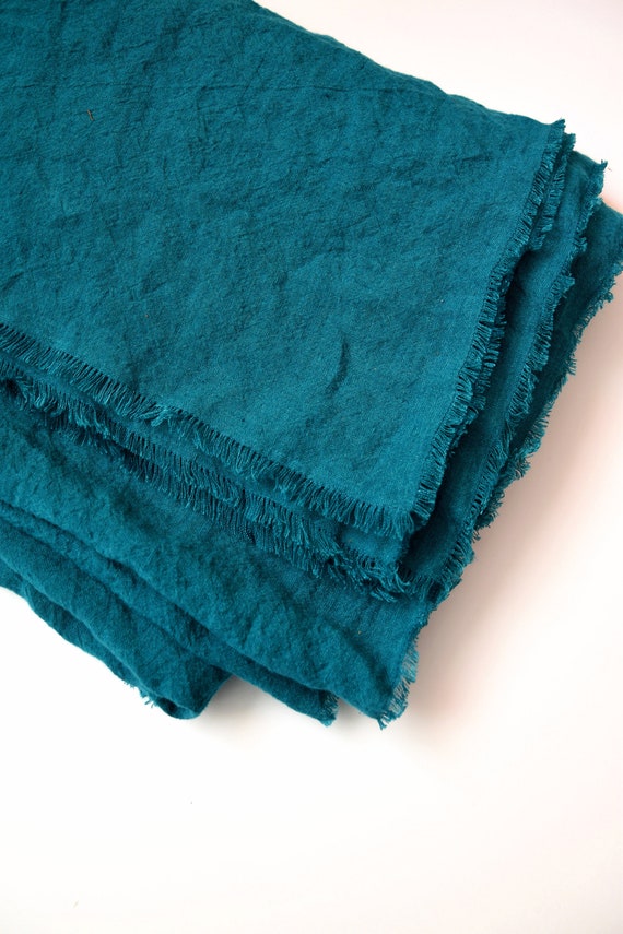 Linen Throw Blanket With Fringe Teal Dark Turquoise Sofa Throw