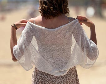 White Linen Shrug Bolero - Knit Summer Shoulders Wrap - Short Sleeve Loose Crop Cardigan