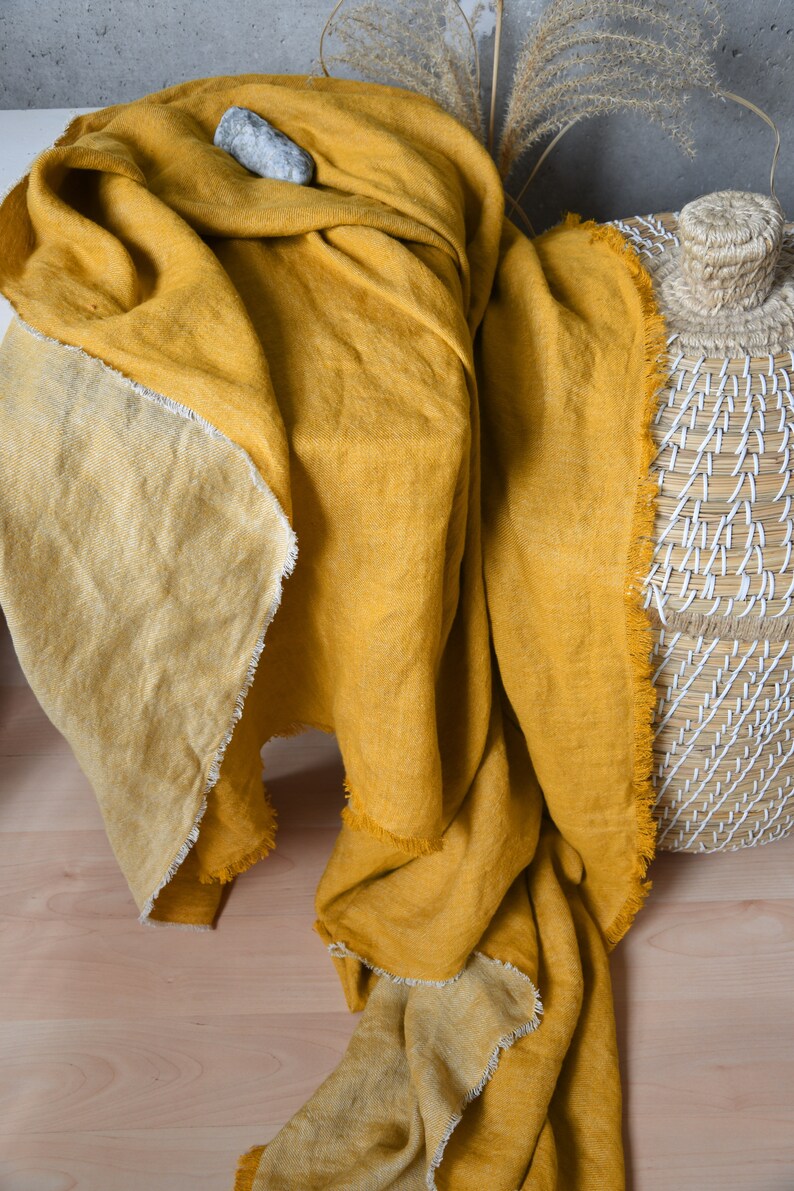 Linen Throw Blanket with fringe Ochre yellow bed throw Etsy