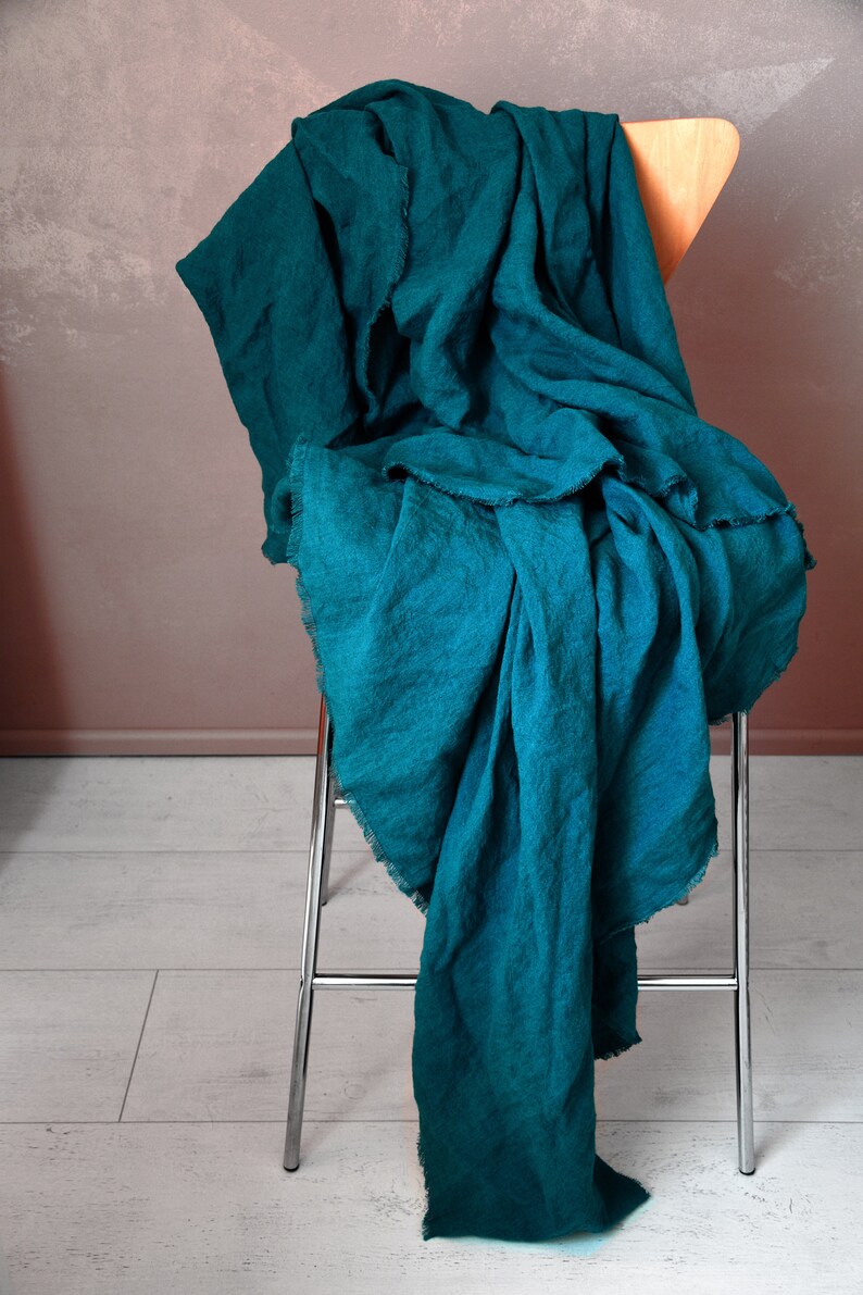 Linen Throw Blanket With Fringe Teal Etsy