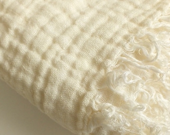 Super Soft, Linen Throw Blanket With Fringes - Luxurious Stonewashed Linen Throw - Unique Gift, Rare find - Milk white / Ivory