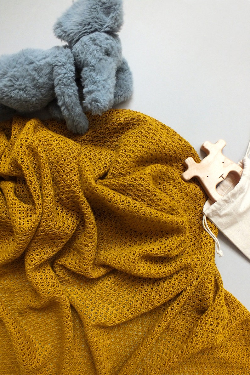 Knit linen baby crib throw blanket Mustard image 3