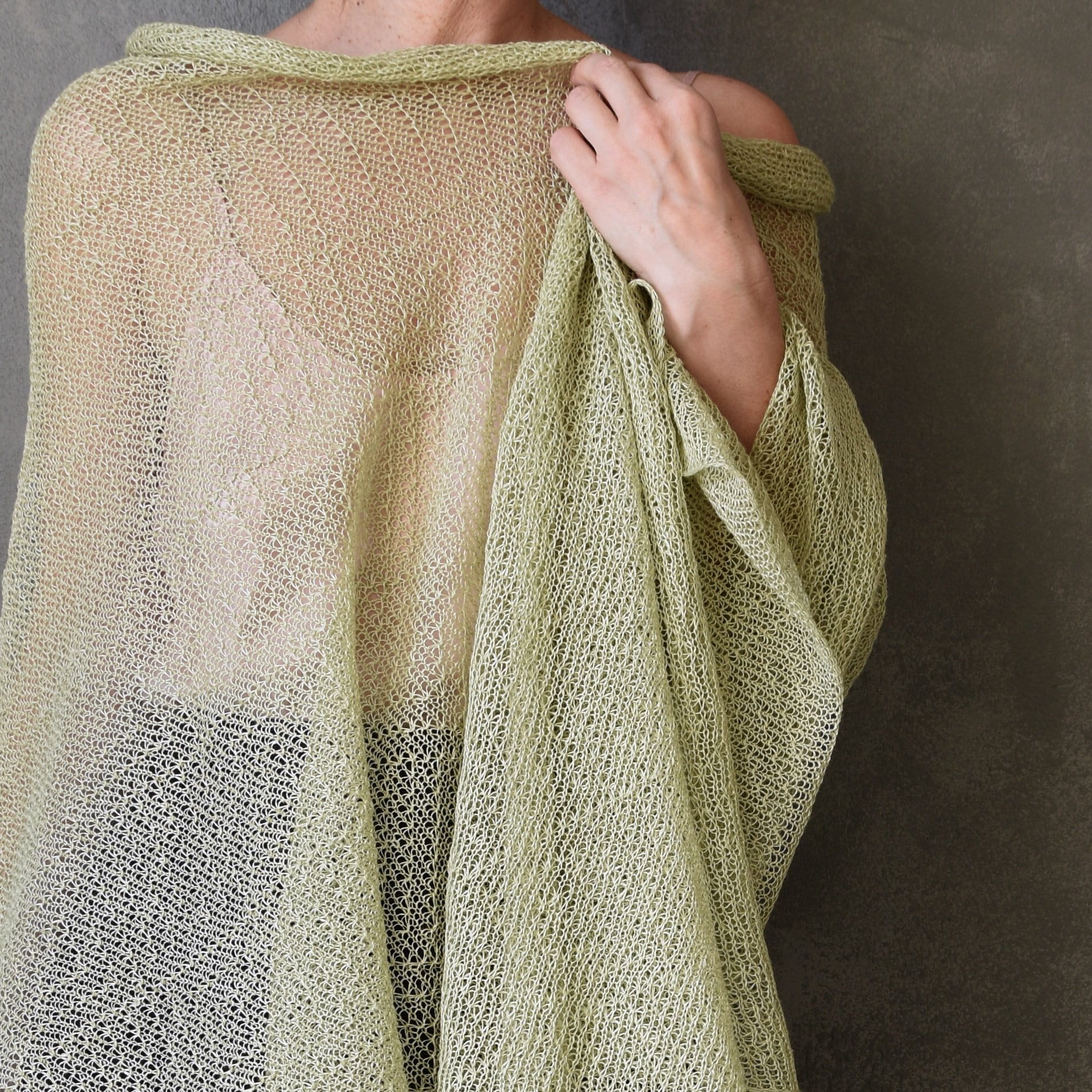 Knit Linen Shawl Wrap - Summer Bridesmaid Shoulder Cover-Up - Linen Lace Women Scarf - Pale Avocado