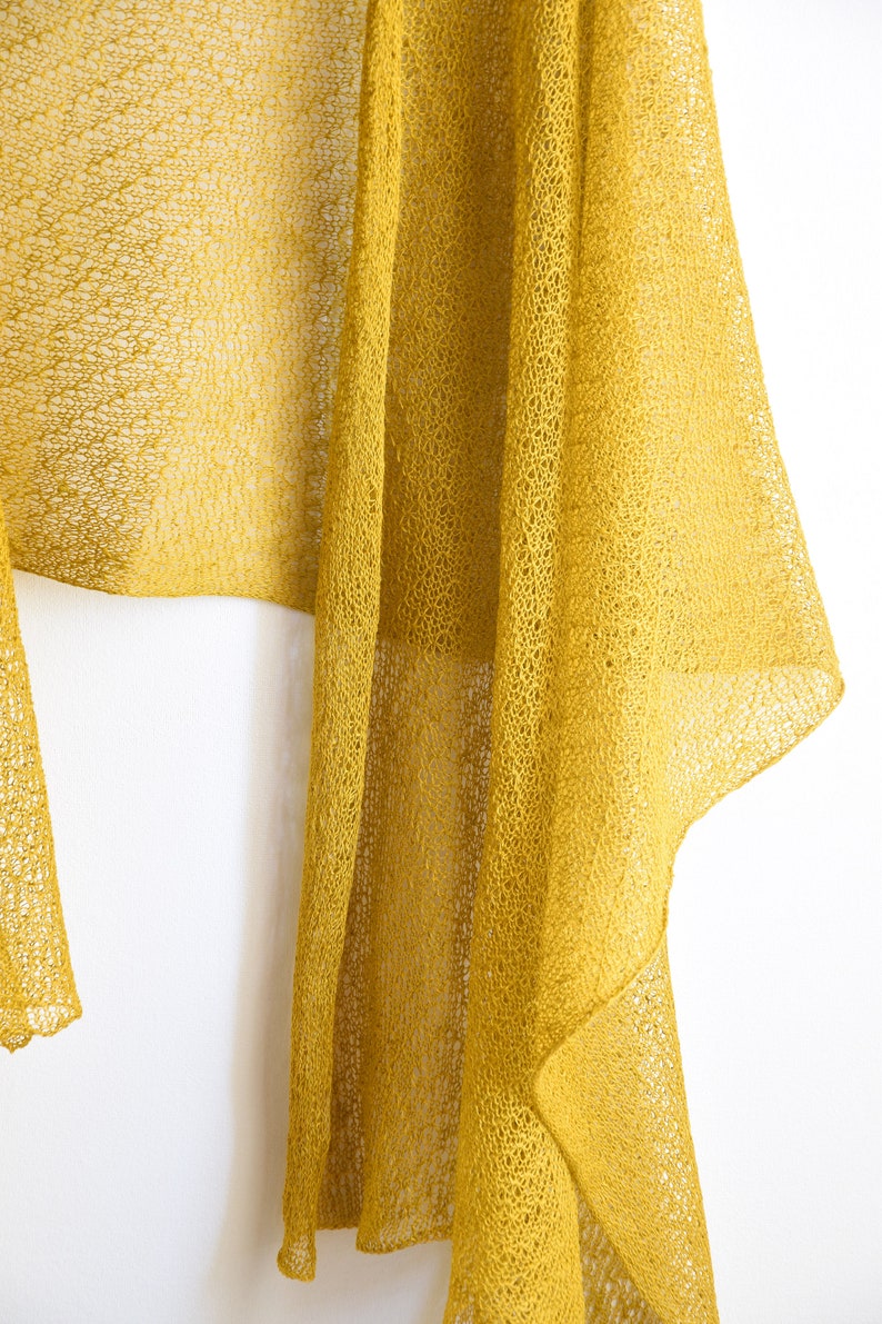 Knitted Lace Linen Shawl Wrap Long and Wide Knit Scarf Lightweight Shoulder Cover Up, Women Scarf Mustard Yellow image 7
