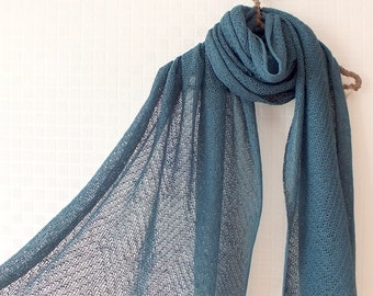 Knitted Linen Shawl - Retro Blue, Long Wide Lace Wrap, Large Evening Scarf