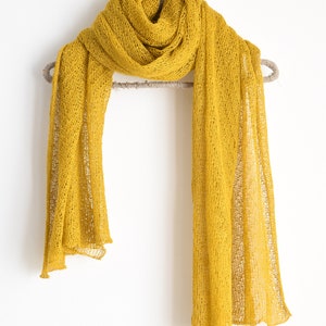 Knitted Lace Linen Shawl Wrap Long and Wide Knit Scarf Lightweight Shoulder Cover Up, Women Scarf Mustard Yellow image 6