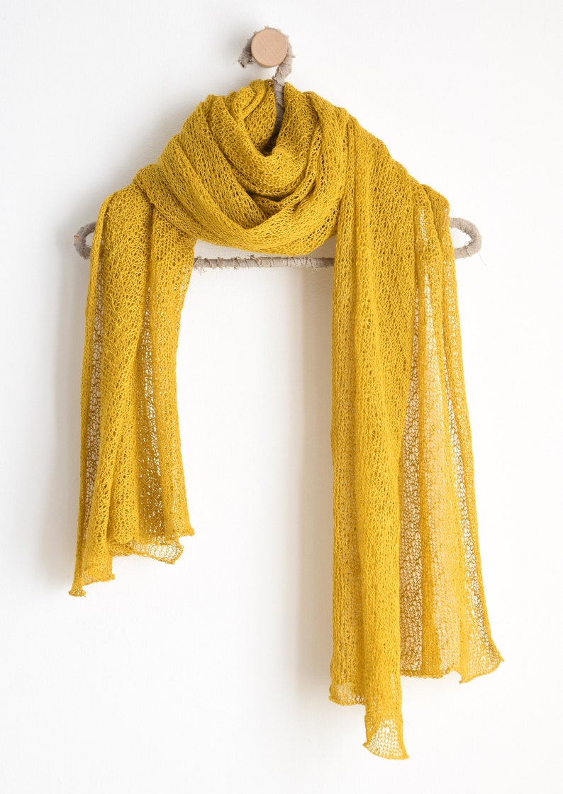 Knitted Lace Linen Shawl Wrap Long and Wide Knit Scarf Lightweight Shoulder Cover Up, Women Scarf Mustard Yellow image 6