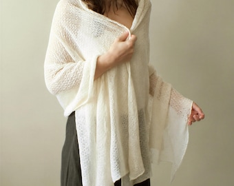Linen Bridal Shawl, Boho Knitted Lace Cover-Up