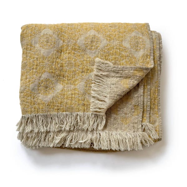Floral Linen Cotton Throw Blanket: Mustard Gray Soft Sofa Throw