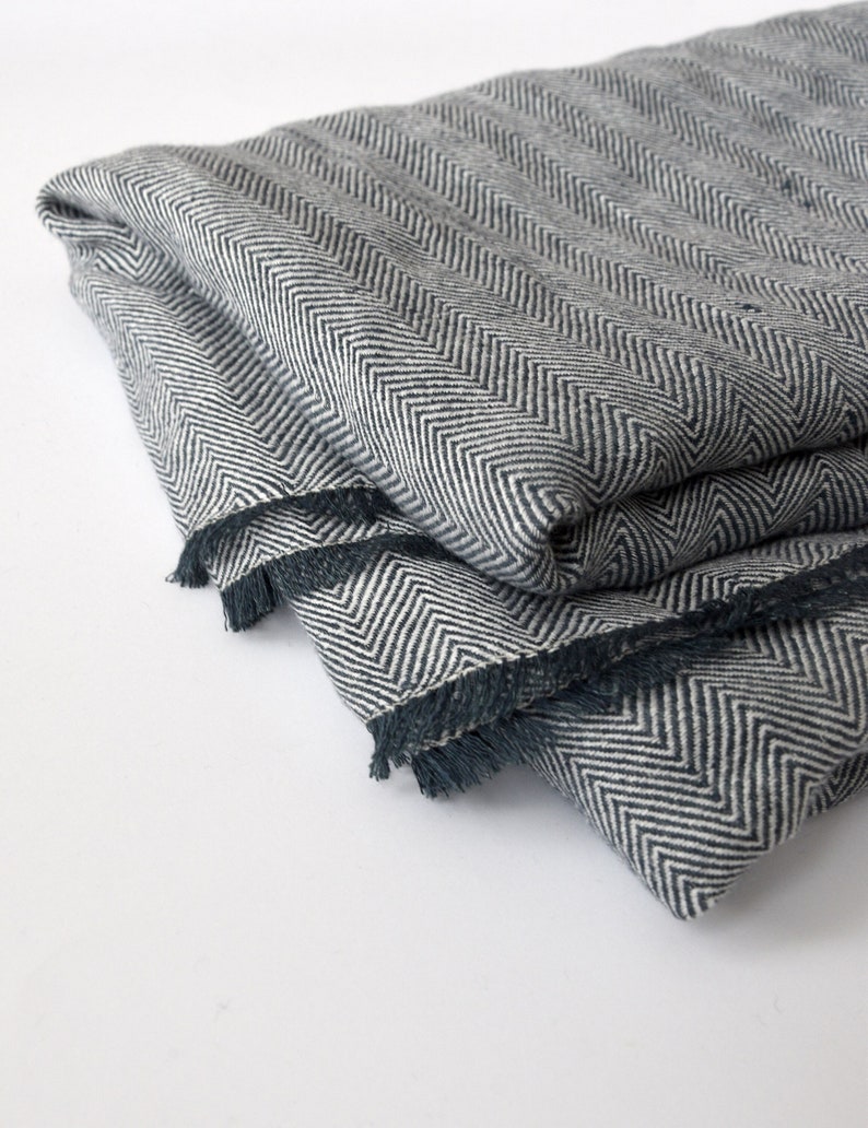 Soft Linen Chevron Bed Blanket Scandinavian Nordic Style Herringbone Linen Throw Bluish Gray Off White image 1