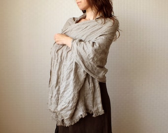 Soft Linen Shawl - Eco-friendly Natural Pure Linen Wrap - Simple Minimalist Shawl - Vintage Style Scarf Beige- Light Beige