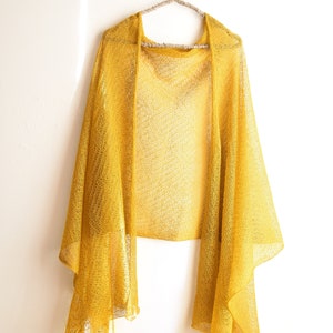 Knitted Lace Linen Shawl Wrap Long and Wide Knit Scarf Lightweight Shoulder Cover Up, Women Scarf Mustard Yellow image 4