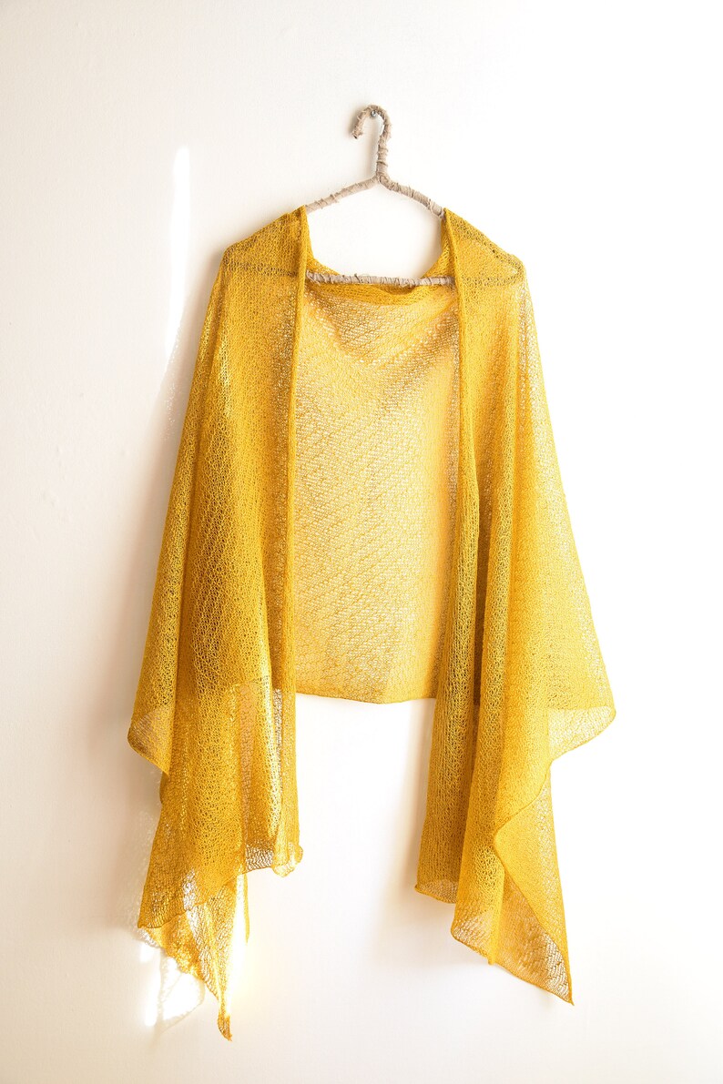 Knitted Lace Linen Shawl Wrap Long and Wide Knit Scarf Lightweight Shoulder Cover Up, Women Scarf Mustard Yellow image 4