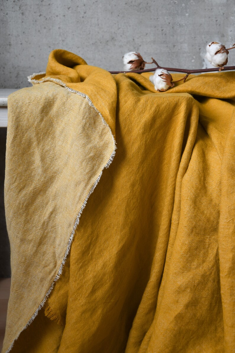 Linen Throw Blanket with fringe Ochre yellow bed throw Etsy