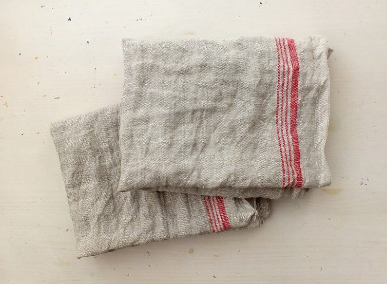 Linen Kitchen Towel French Style Hand towel With Red Stripes Hostess Gift Set of 2 image 1