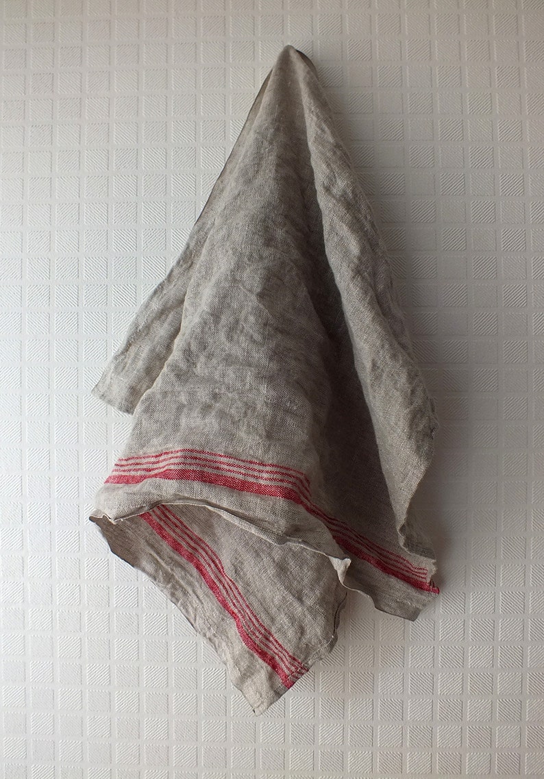 Linen Kitchen Towel French Style Hand towel With Red Stripes Hostess Gift Set of 2 image 3