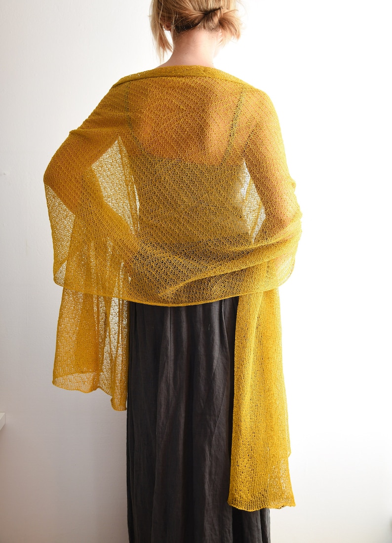 Knitted Lace Linen Shawl Wrap Long and Wide Knit Scarf Lightweight Shoulder Cover Up, Women Scarf Mustard Yellow image 1