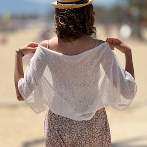White Linen Shrug Bolero - Knit Summer Shoulders Wrap - Short Sleeve Loose Crop Cardigan