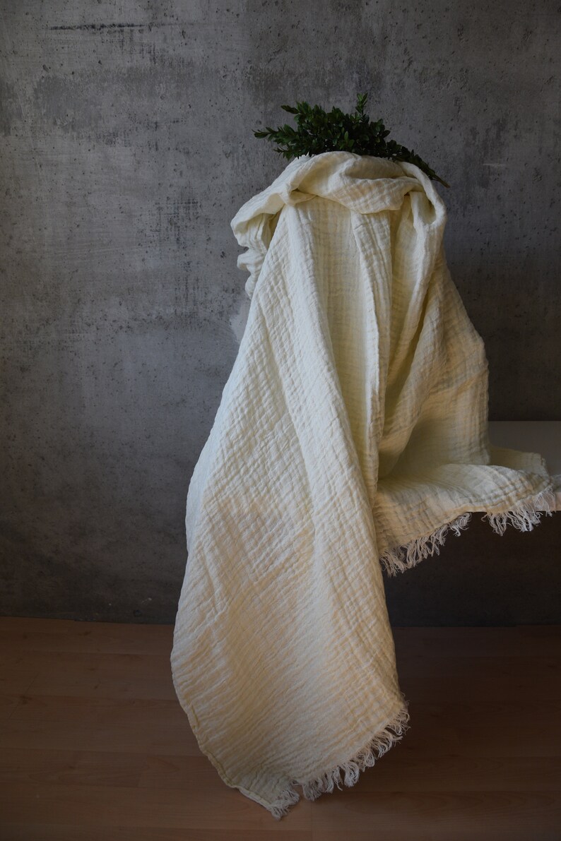 Super Soft, Linen Throw Blanket With Fringes Luxurious Stonewashed Linen Throw Unique Gift, Rare find Milk white / Ivory image 2