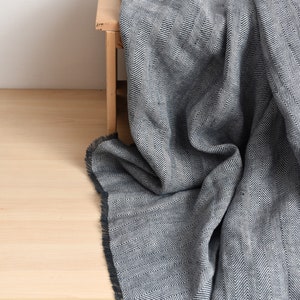 Soft Linen Chevron Bed Blanket Scandinavian Nordic Style Herringbone Linen Throw Bluish Gray Off White image 3