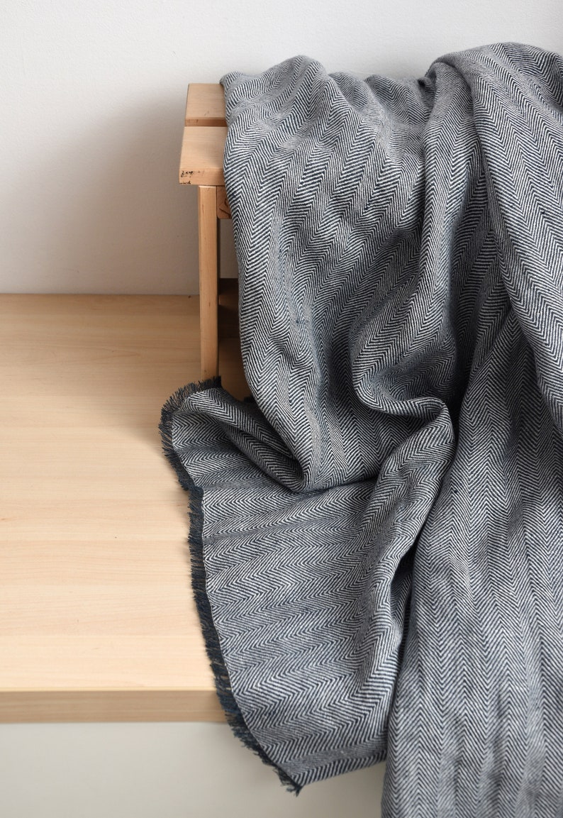 Soft Linen Chevron Bed Blanket Scandinavian Nordic Style Herringbone Linen Throw Bluish Gray Off White image 3