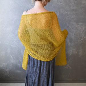 Knitted Lace Linen Shawl Wrap Long and Wide Knit Scarf Lightweight Shoulder Cover Up, Women Scarf Mustard Yellow image 2