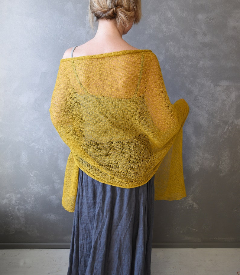 Knitted Lace Linen Shawl Wrap Long and Wide Knit Scarf Lightweight Shoulder Cover Up, Women Scarf Mustard Yellow image 2