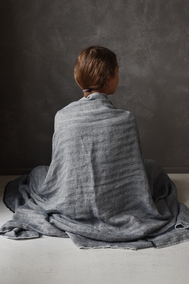 Soft Linen Chevron Bed Blanket Scandinavian Nordic Style Herringbone Linen Throw Bluish Gray Off White image 2